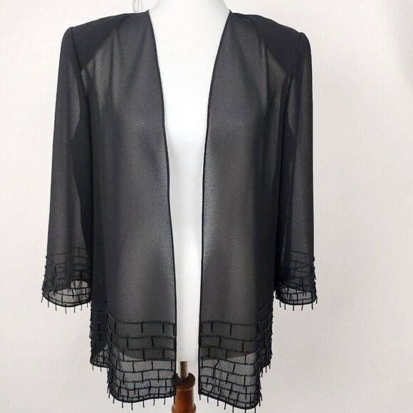 Karen Miller Black Sheer Beaded Open Front Evening Cocktail Jacket Womens 10 - Picture 2 of 5